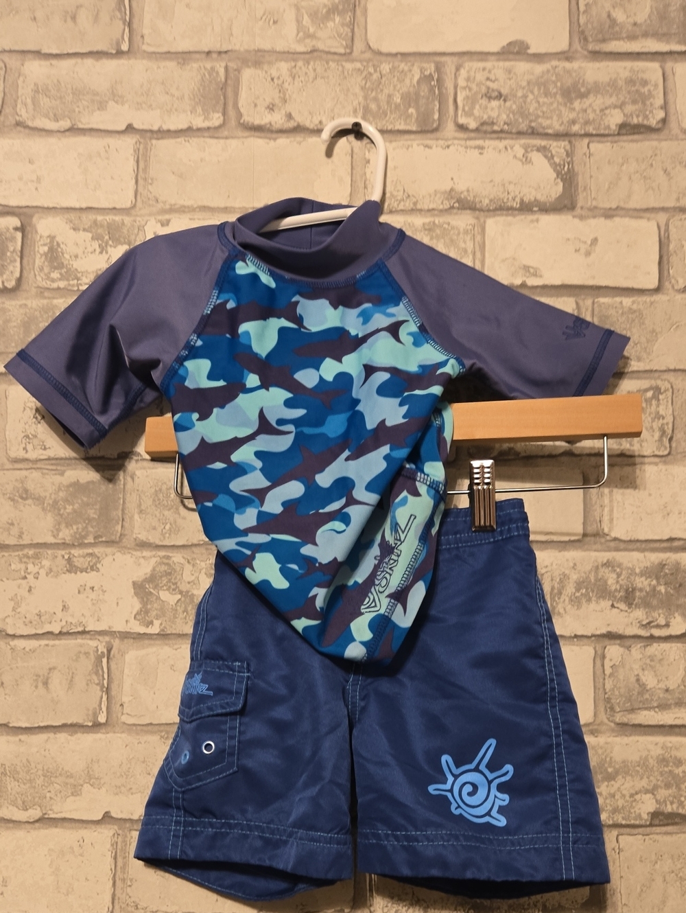 Kids Blue Camo Short-Sleeve Rash Guard Swim Set
